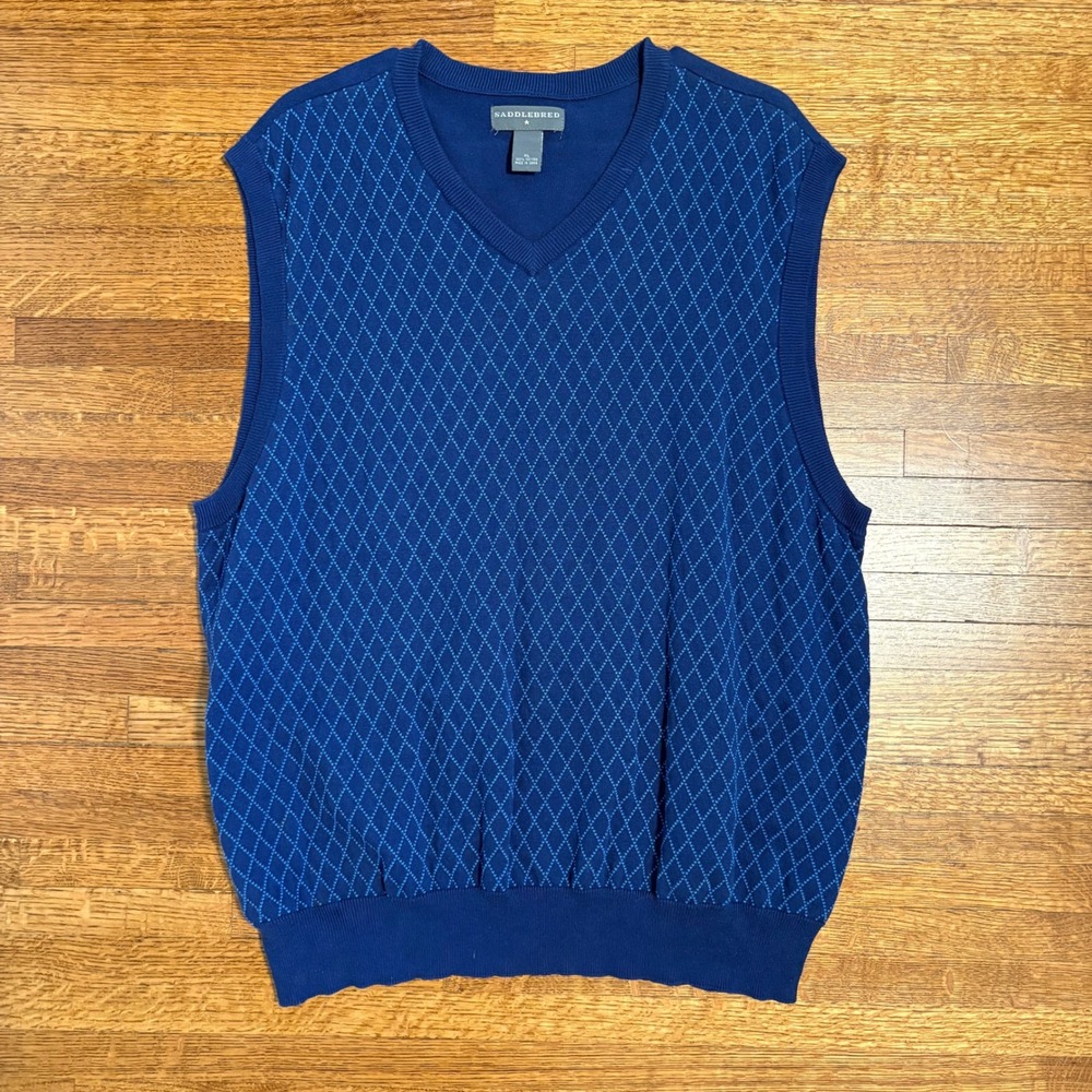 Saddlebred Mens Vest XL Blue Argyle V Neck Sleeveless Knit Sweater Preppy‎